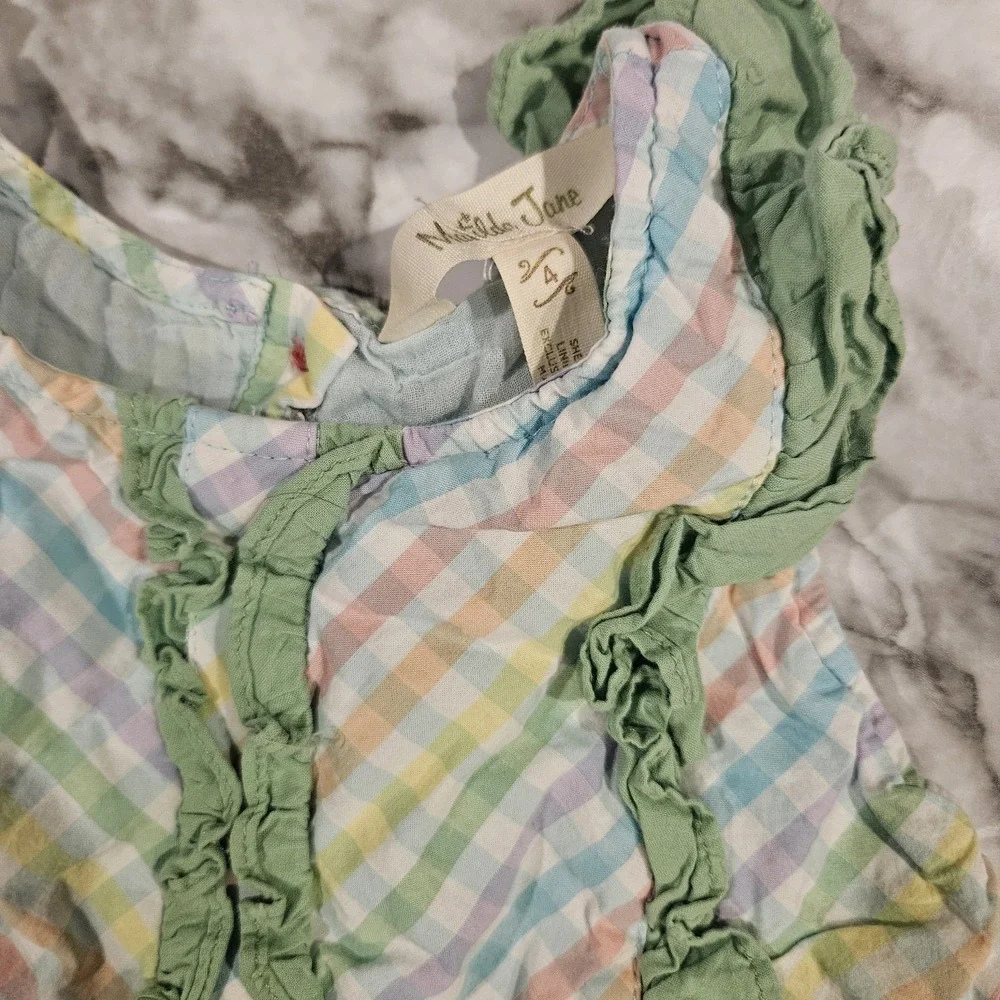 Matilda Jane Over‎ The Rainbow Dress Size 4 Girls Green Pastel Plaid Ruffle
